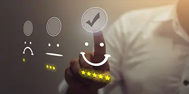 Representative image of a person pointing at the 4 key factors for CX transformation on virtual screen